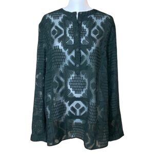 French Connection Collarless Sheer Hunter Green Blouse - size women’s medium